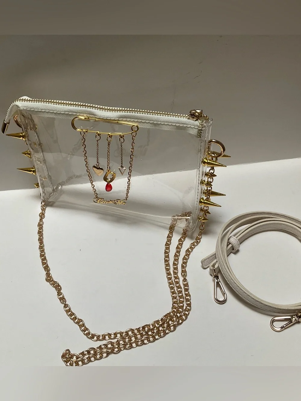 BITE ME Spike Studded Gothic Transparent Bag Crossbody Clear Clutch Gold